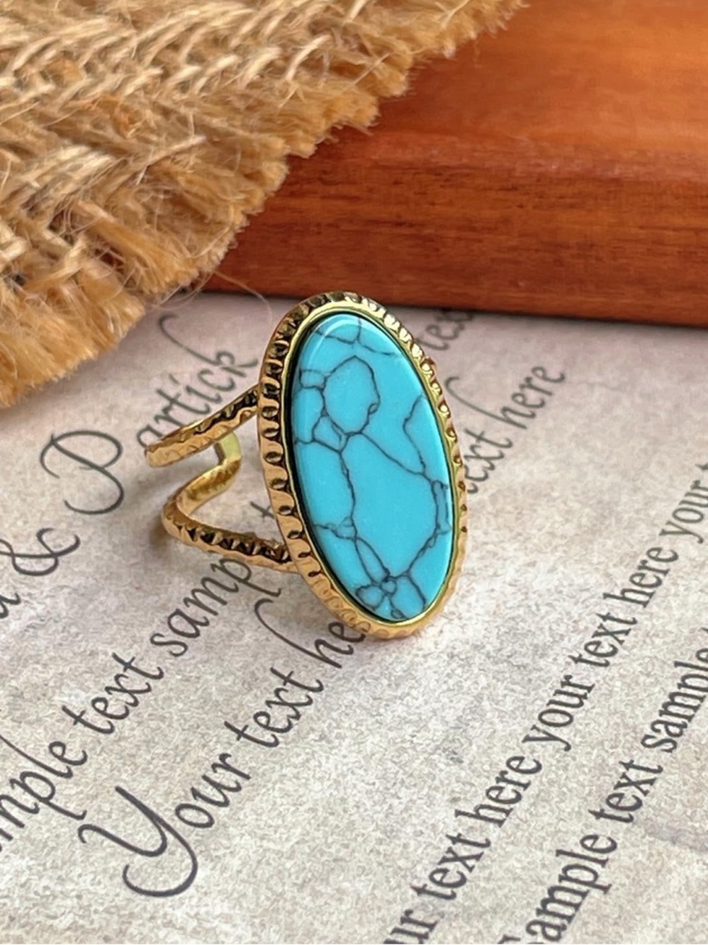 Boho Turquoise Style Gold Plated Ring Adjustable - Picture 4 of 10